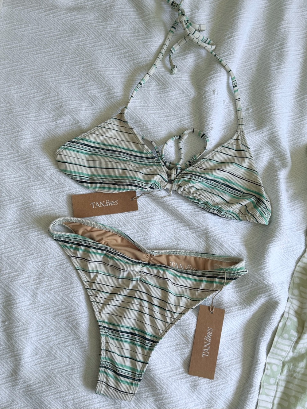 TANlines Beige & Green Striped Triangle Bikini Top and Bottom